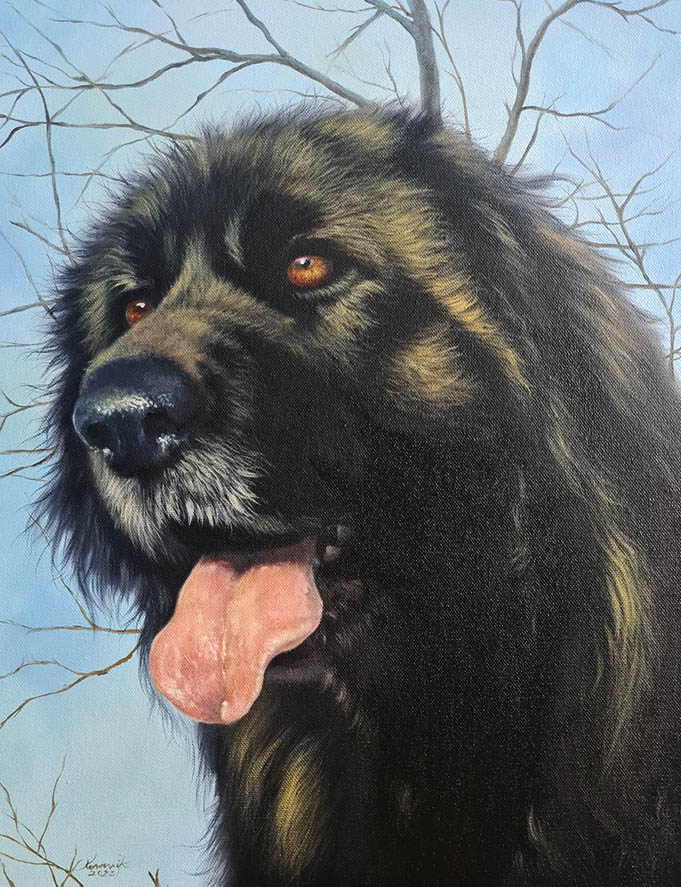 Zwarte hond geschilderd op doek