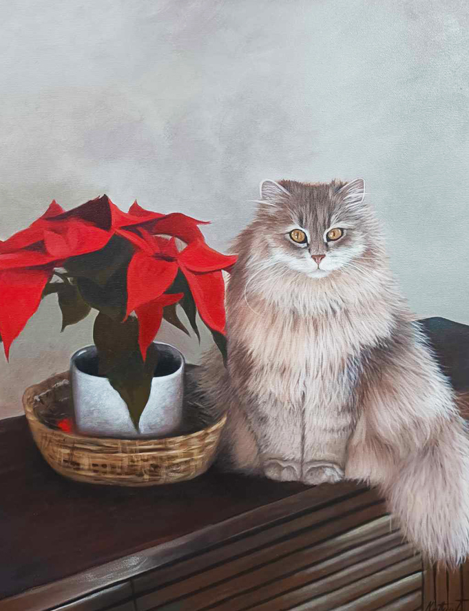 Schilderij van een kat en een plant