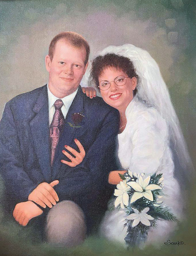 Een olieverfschilderij van een bruidegom en zijn bruid