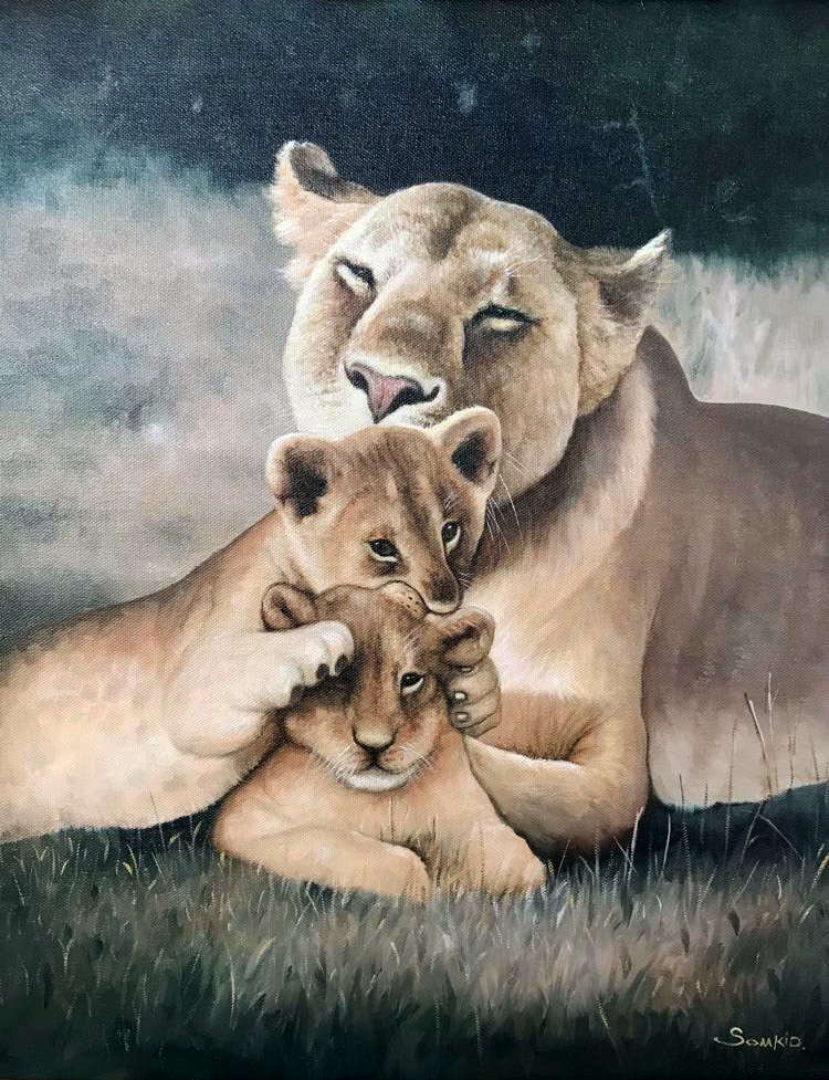 Een schilderij van leeuwen dat we maakten