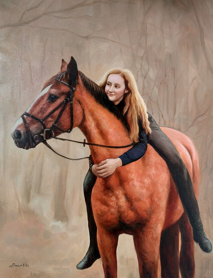 Schilderij van een meisje en haar paard
